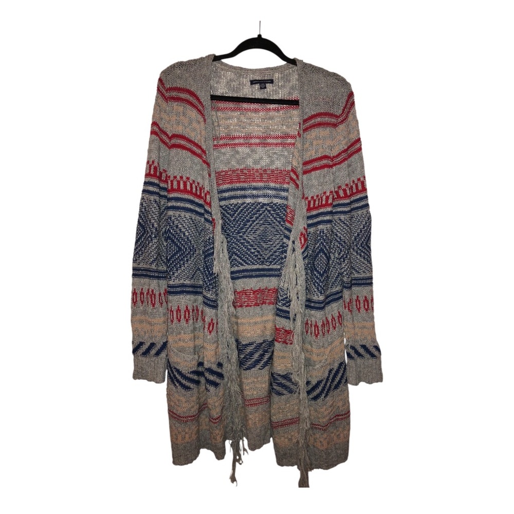 American Eagle Outfitters Gray, Navy & Red Patterned Knit Cardigan